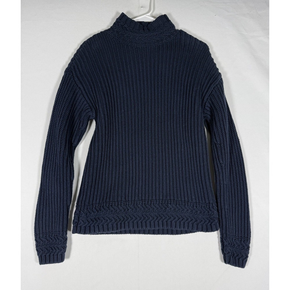 L.L. Bean Signature Cable Knit Organic Cotton Sweater Medium Blue Mock Neck EUC